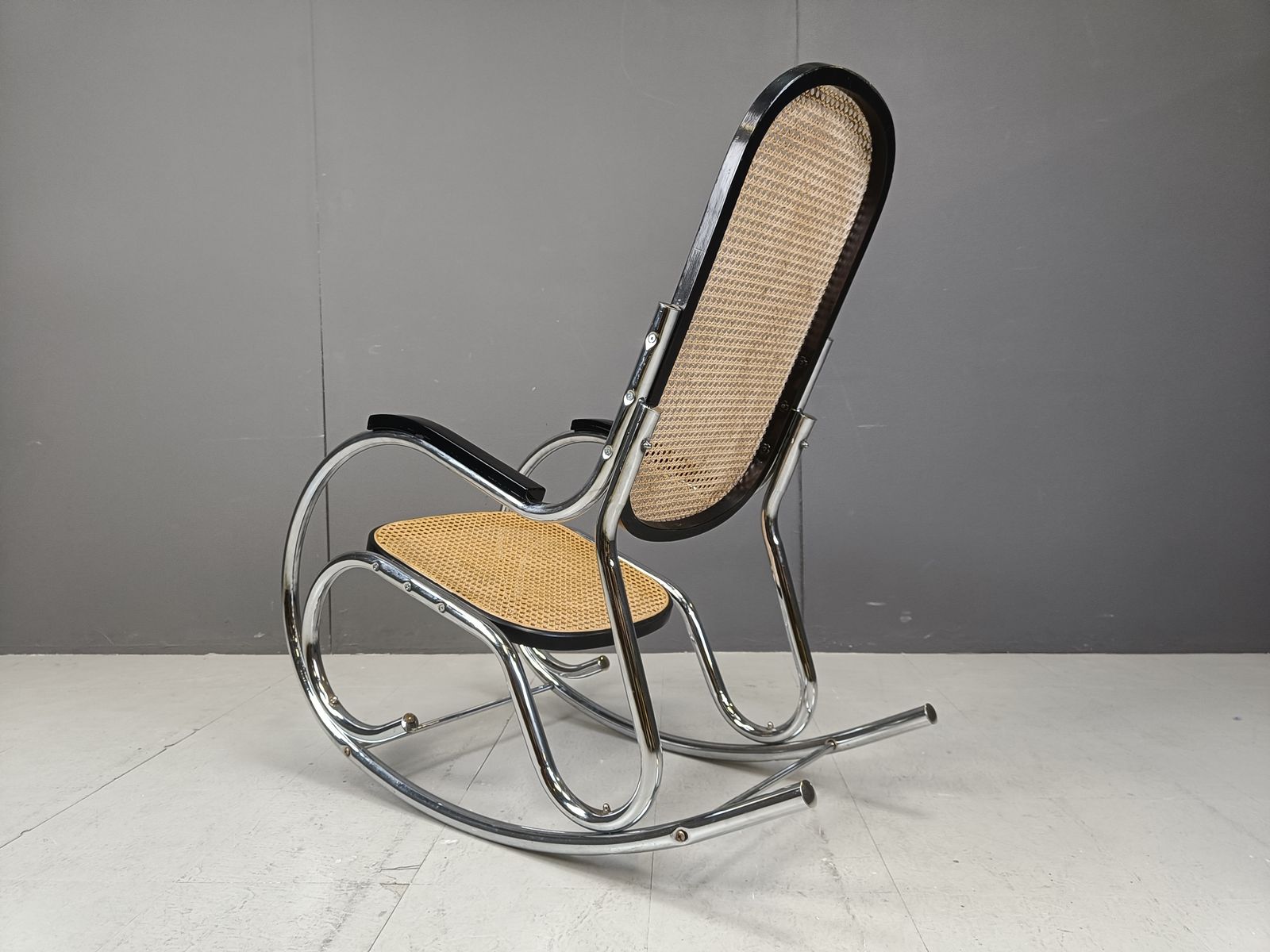 Vintage Chrome And Rattan Rocking Chair, 1960s photo vinterior