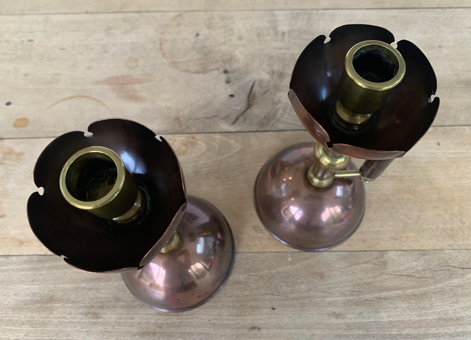 Late 19thc Pair Of Brass And Copper Arts & Crafts / Aesthetic Movement Candlesticks, Designed By DR Christopher Dresser photo vintage