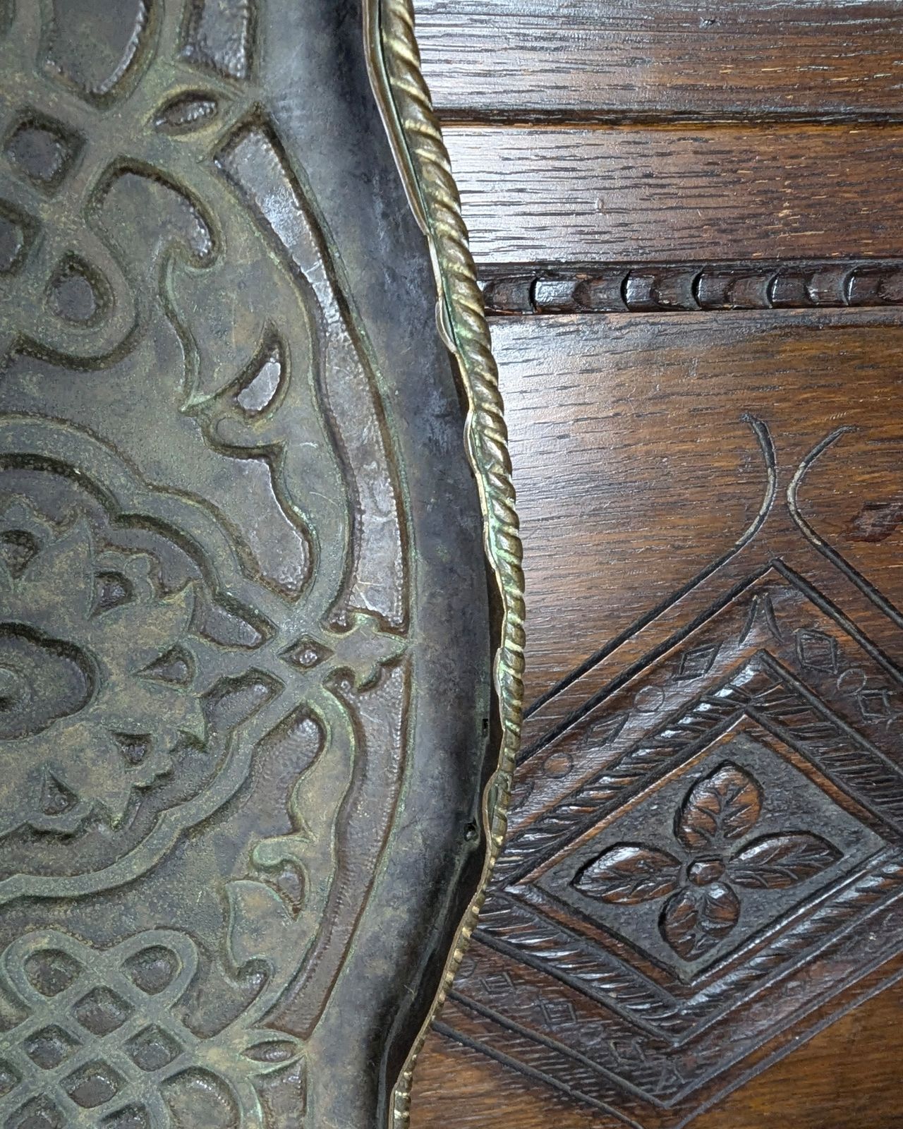 photo for sale Large Late 19th Century Pressed Brass Indian Table Tray Top — School Of Jaipur