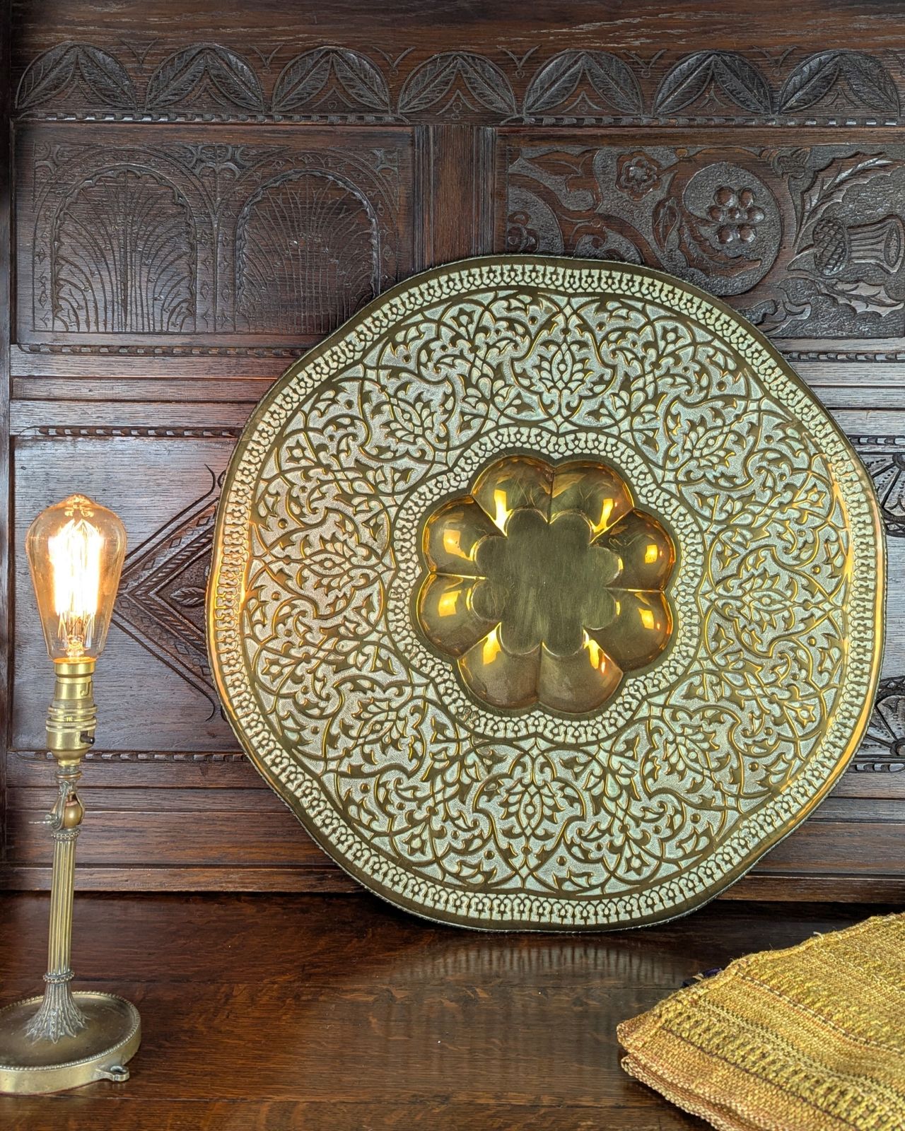 Late 19th Century Pressed Brass Indian Tiffin Table Tray Top — School Of Jaipur