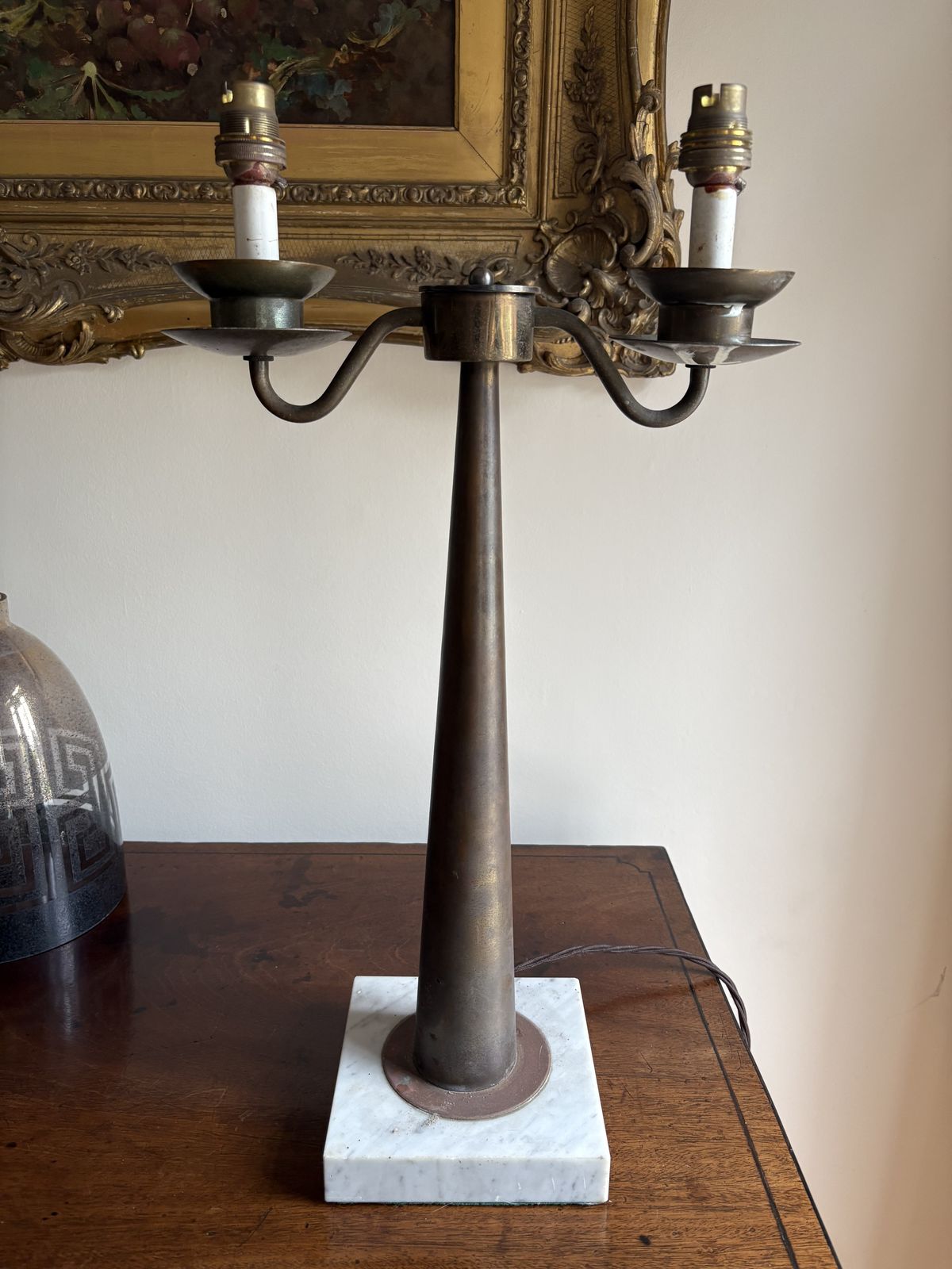Neoclassical Style Brass Table Lamp W/ Two Urn Shaped Glass And Greek Key Stencilled Shades photo furniture