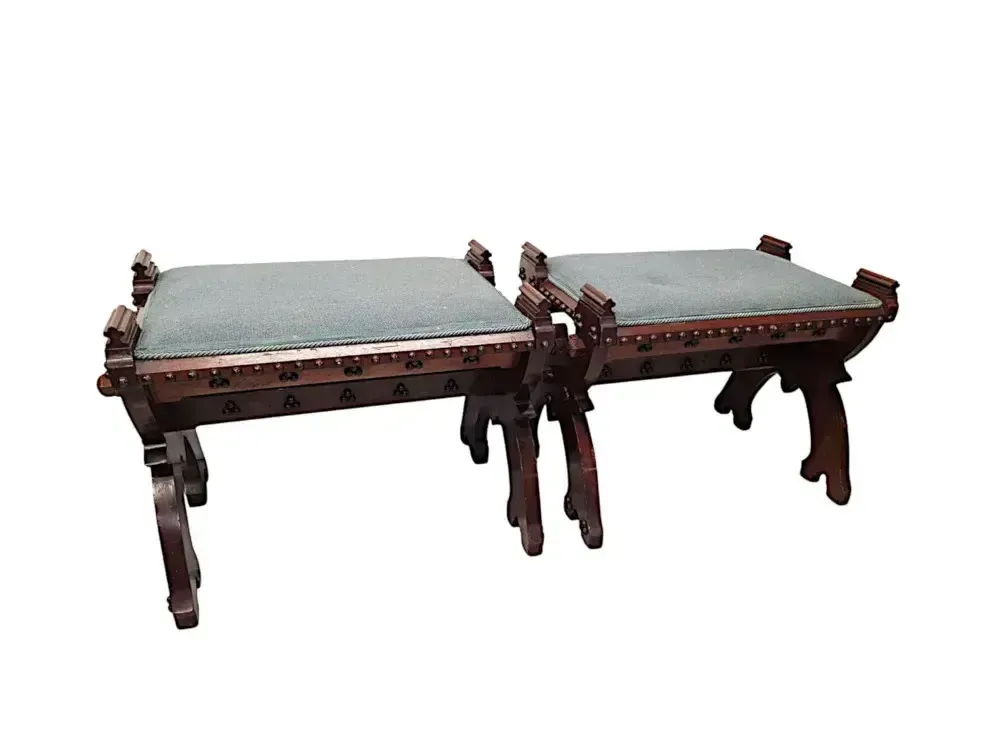 A Lovely Unusual Pair Of 19th Century Gothic Oak X Framed Stools