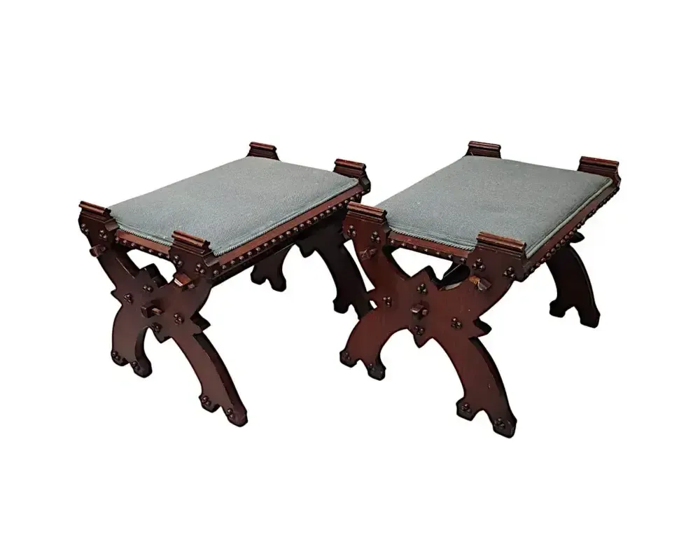 A Lovely Unusual Pair Of 19th Century Gothic Oak X Framed Stools photo furniture