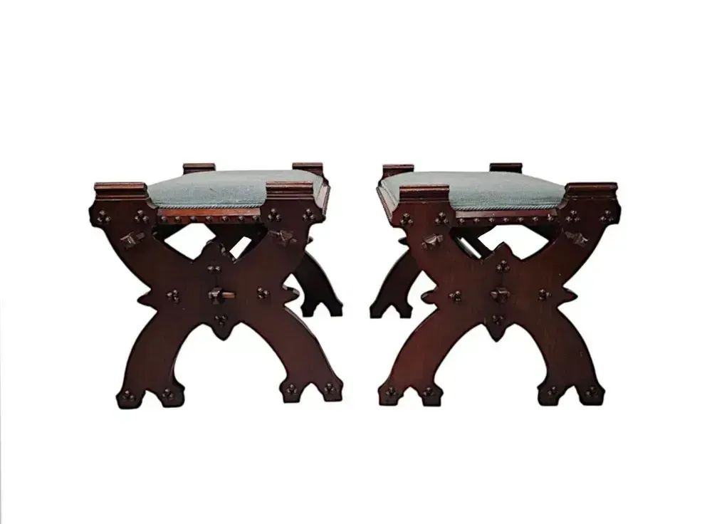 A Lovely Unusual Pair Of 19th Century Gothic Oak X Framed Stools photo for sale