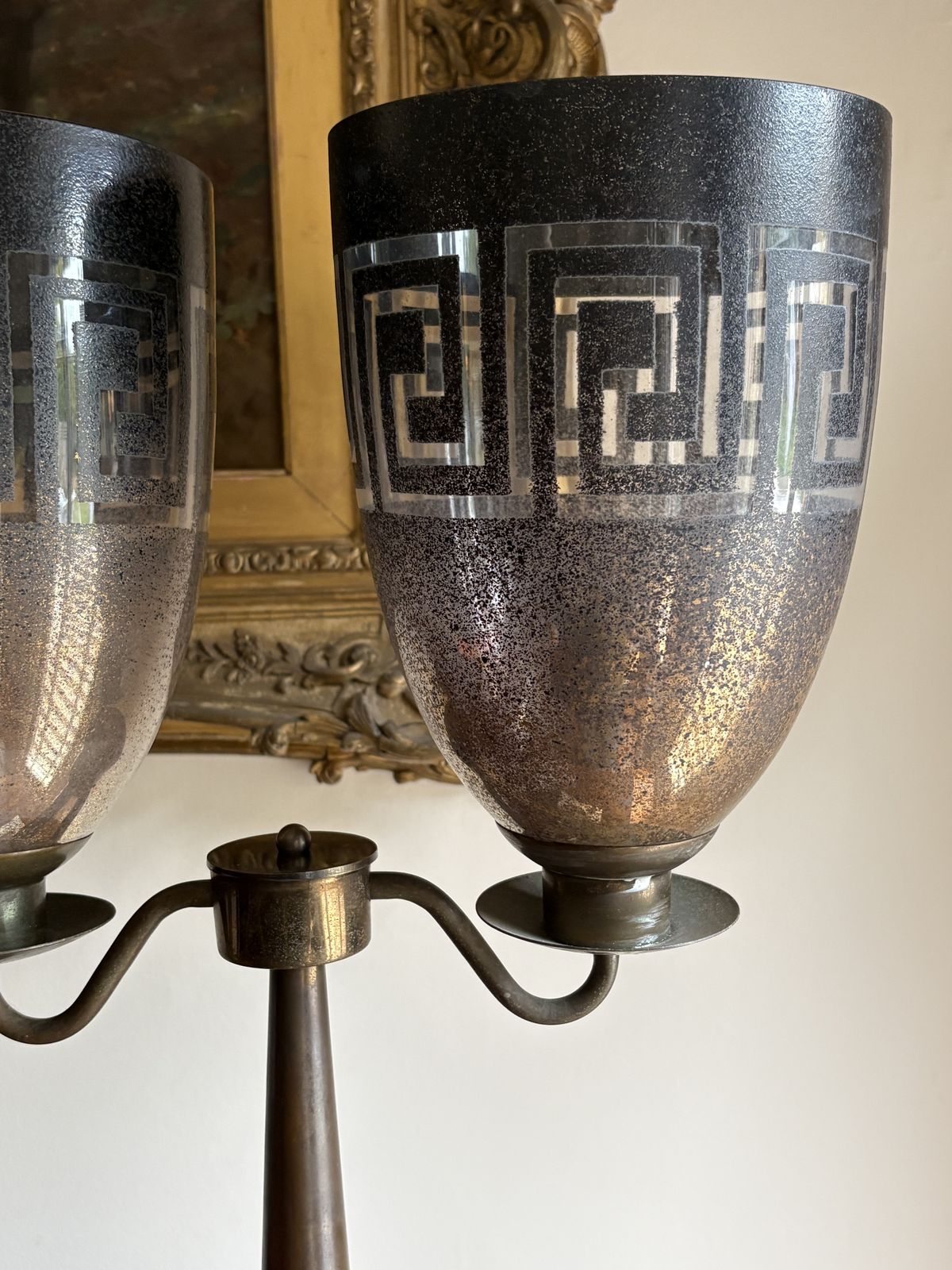 Neoclassical Style Brass Table Lamp W/ Two Urn Shaped Glass And Greek Key Stencilled Shades photo 850.0