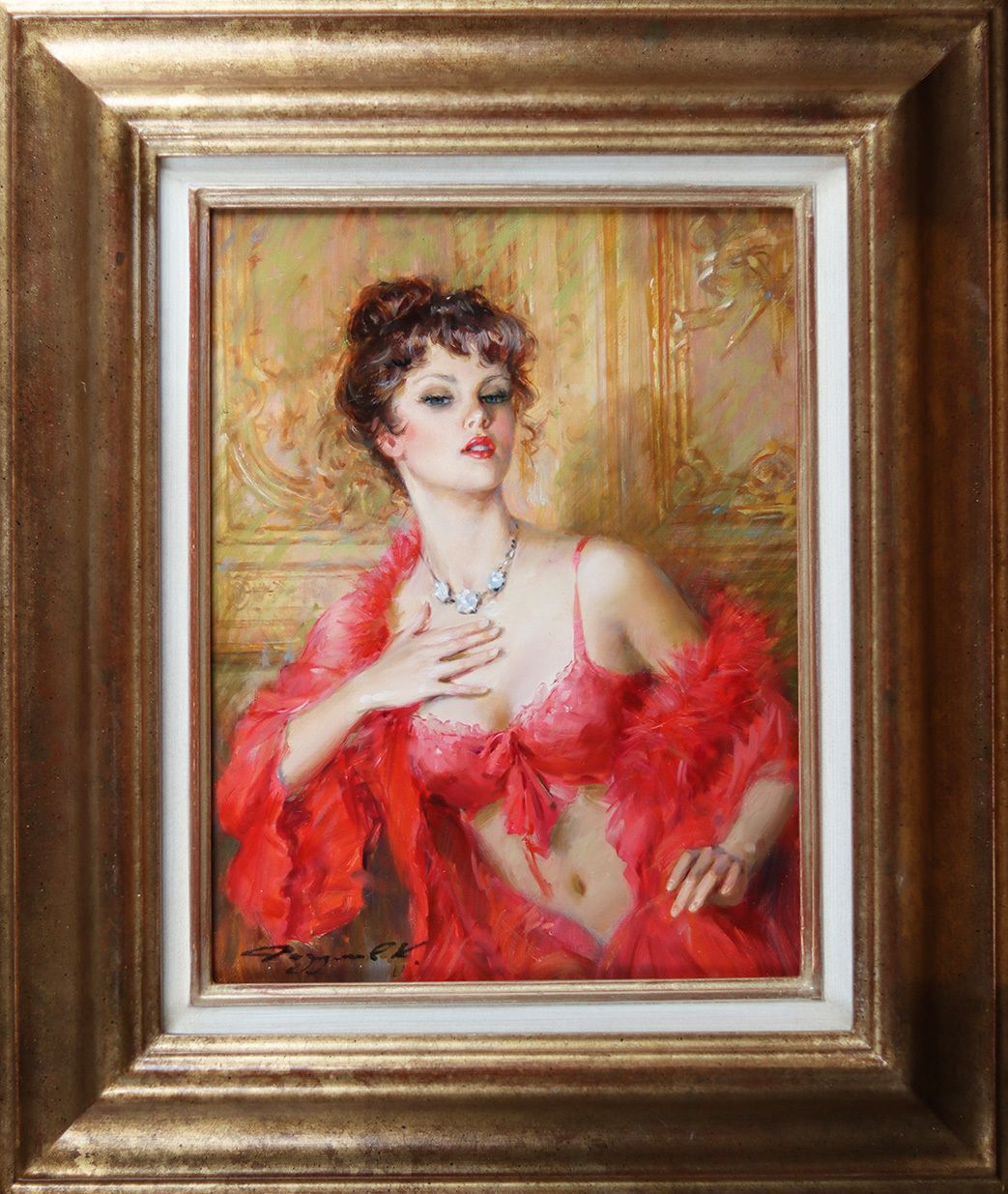 Konstantin Razumov Oil On Canvas Lady Wearing Red Lingerie
