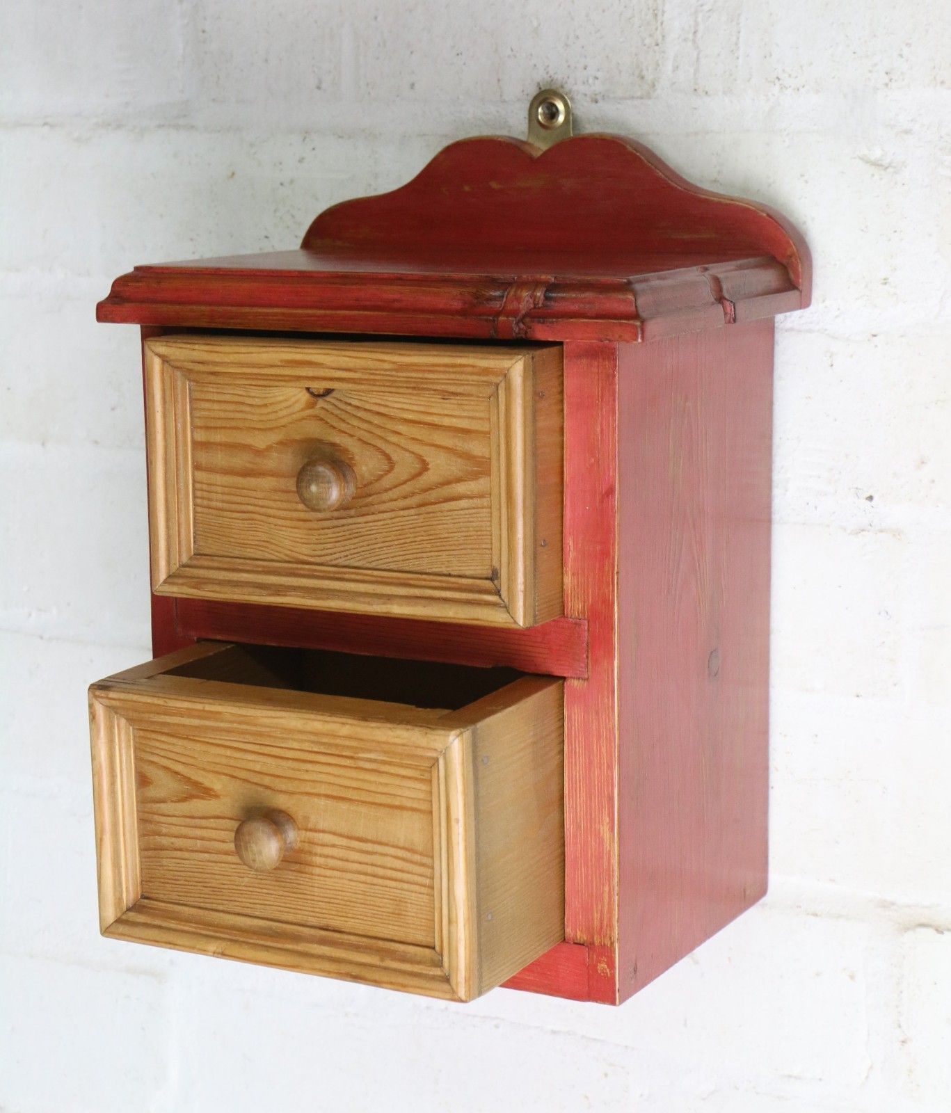 Vintage French Wall Mounted Rustic Pine Drawers Small Size Natural & Burnt Red