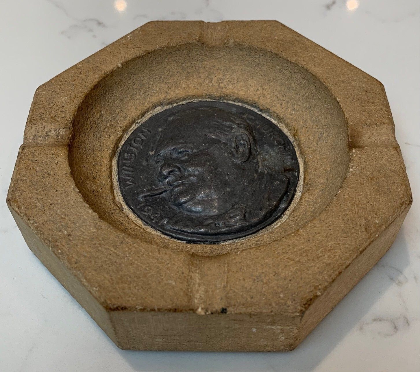 A Wwii Houses Of Parliament Stone Ashtray Featuring Winston Churchill, Salvaged From Enemy Air Raid On 1 May 1941 photo furniture
