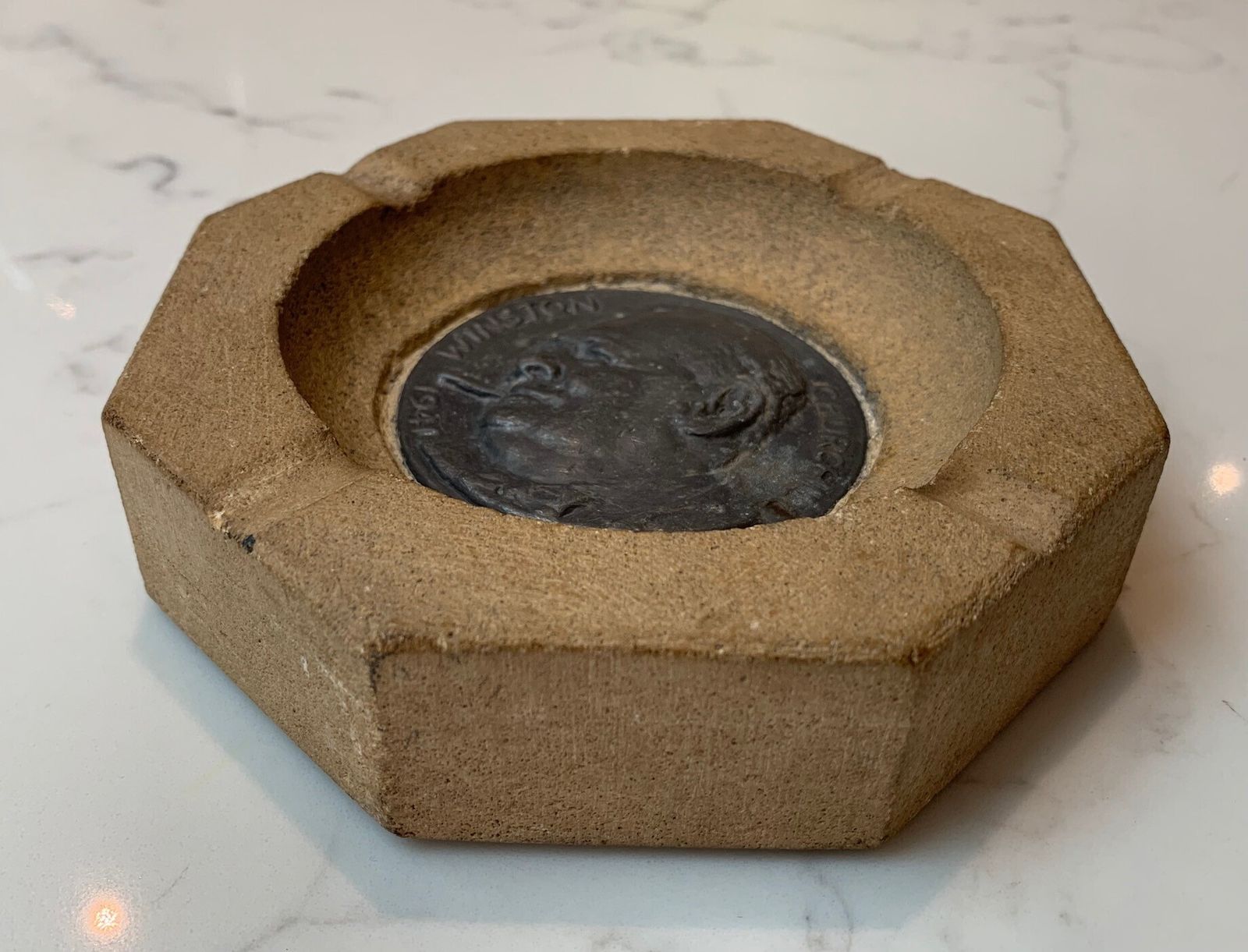 A Wwii Houses Of Parliament Stone Ashtray Featuring Winston Churchill, Salvaged From Enemy Air Raid On 1 May 1941 photo for sale