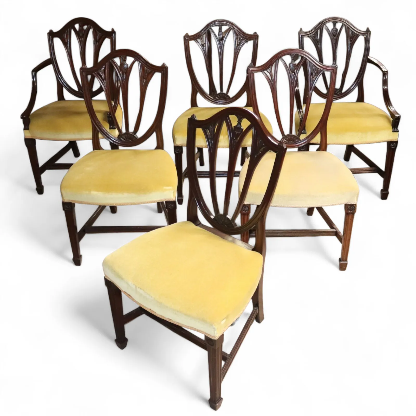 Set Of 6 Antique Mahogany Sheraton Style Shield Back Dining Chairs
