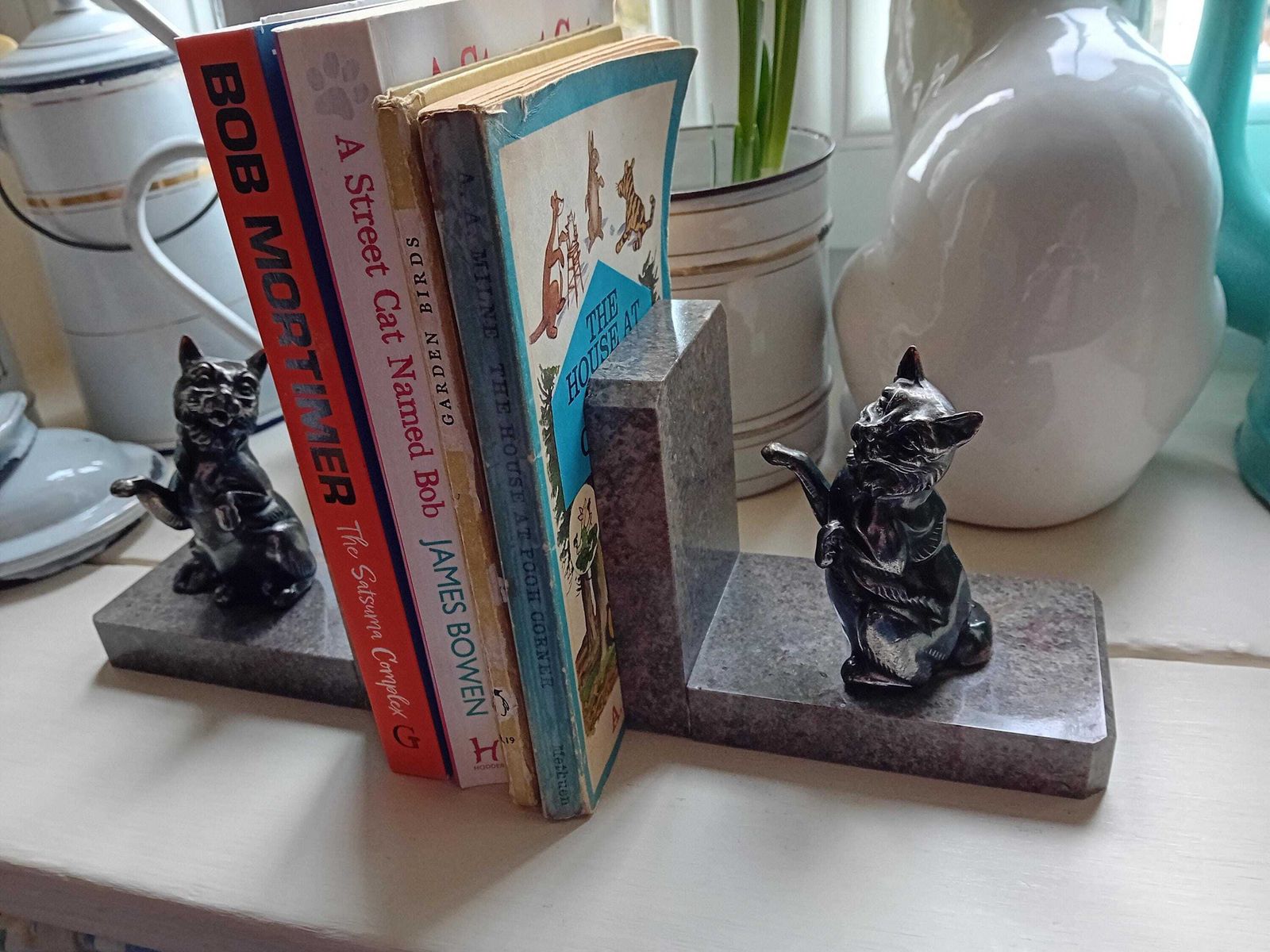 Cat Design Bookends Marble Base French Vintage Book Nook photo 138.0