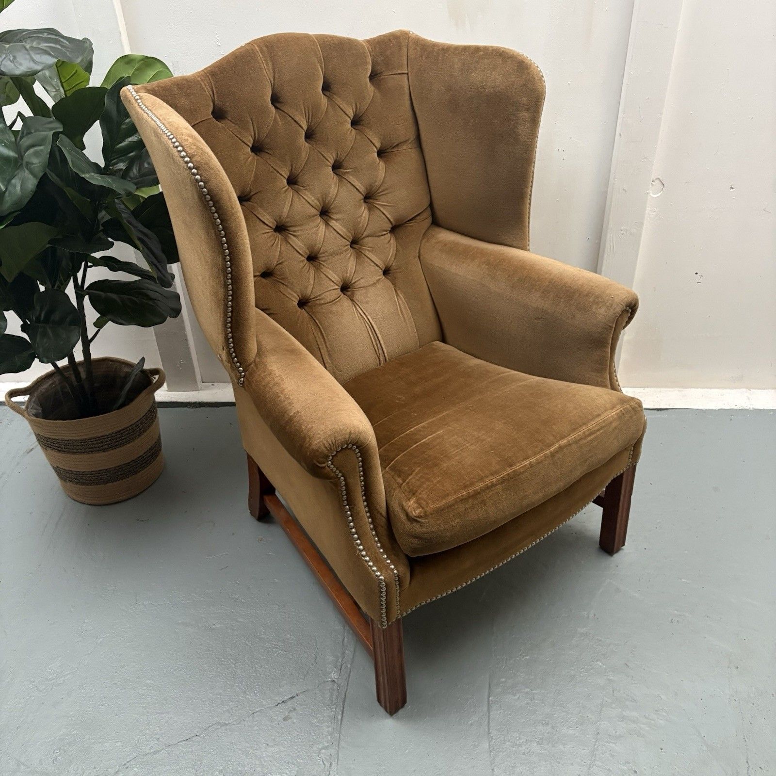 Vintage Chesterfield Button High Wing Back Gold Velour Arm Fireside Chair photo for sale
