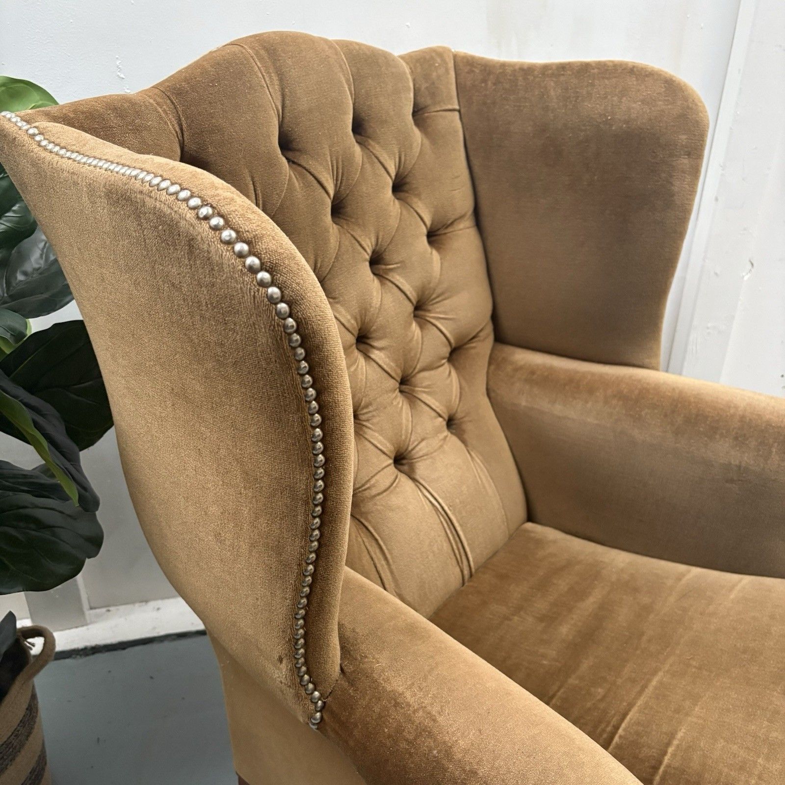 Vintage Chesterfield Button High Wing Back Gold Velour Arm Fireside Chair photo buy