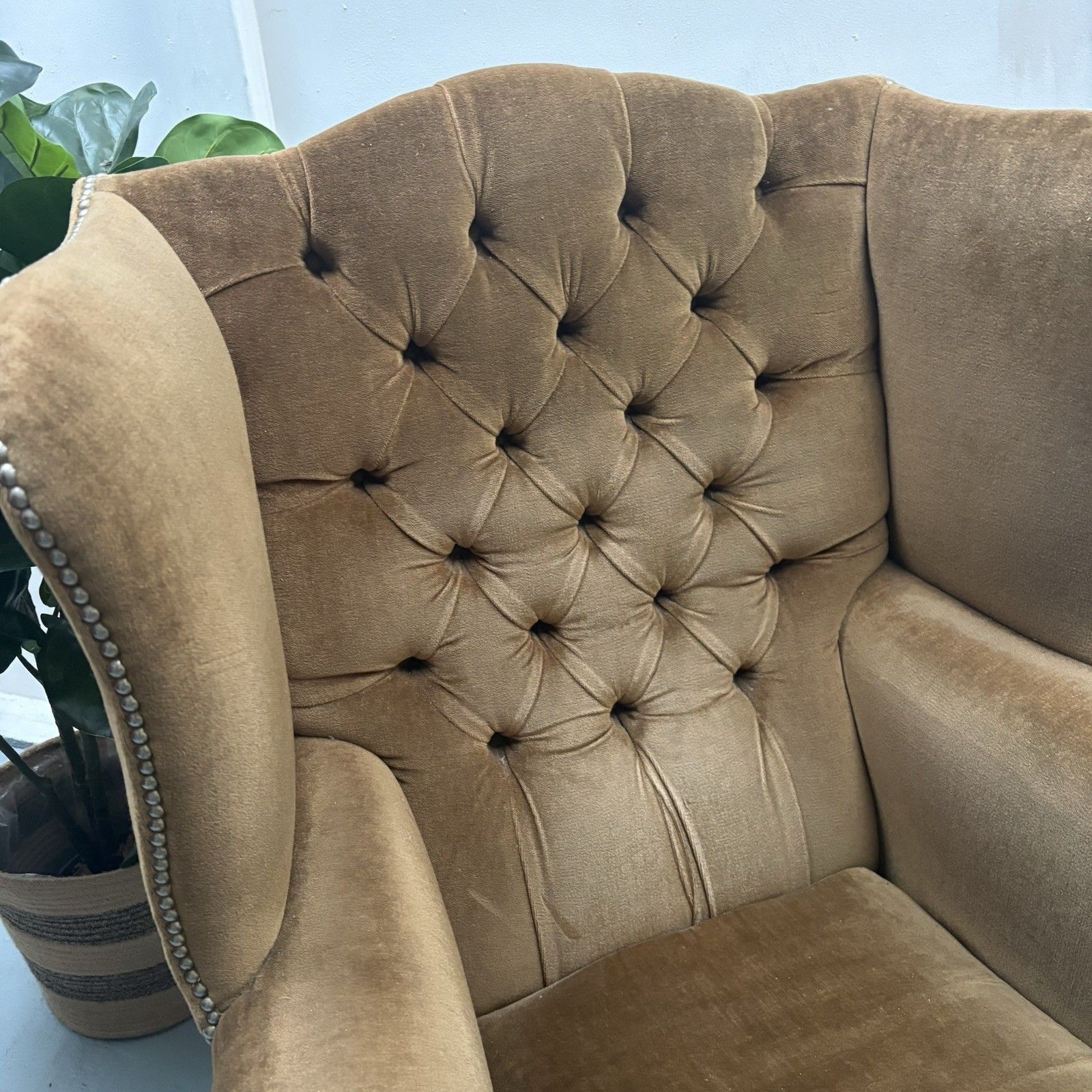 Vintage Chesterfield Button High Wing Back Gold Velour Arm Fireside Chair photo vintage