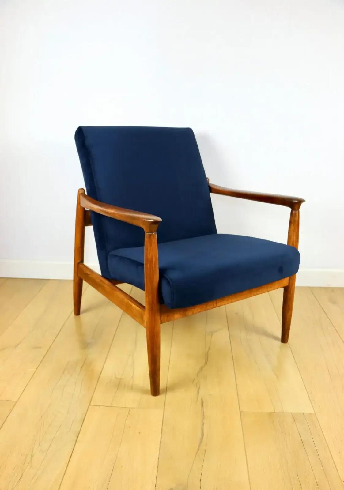Gfm 64 Armchair, Designed By Edmund Homa From The 1970s, Navy Blue   Dark Wood photo for sale