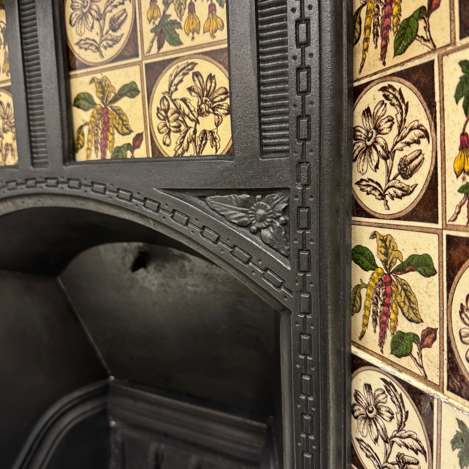 Antique Victorian Cast Iron Floral Tiled Fireplace Insert photo for sale