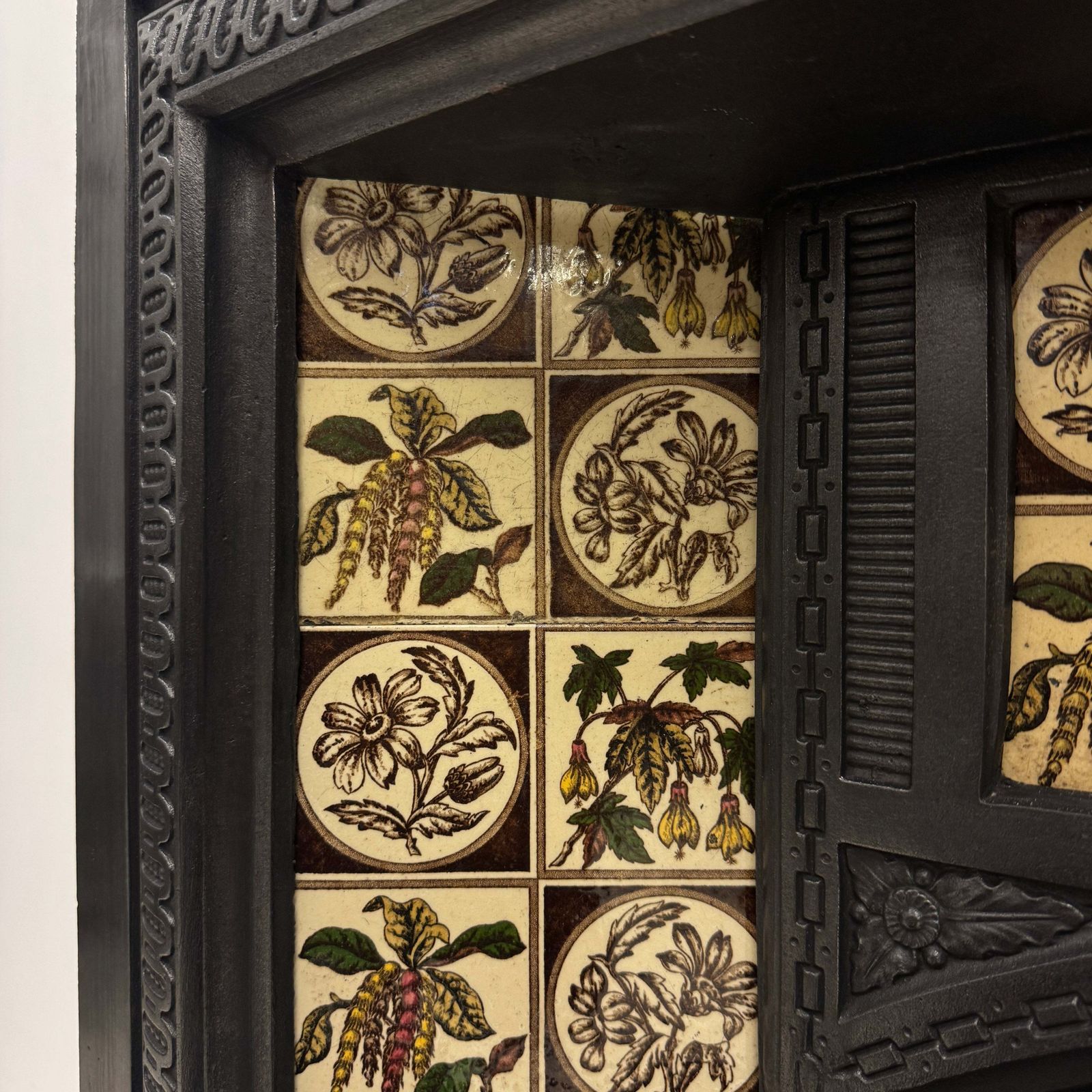 Antique Victorian Cast Iron Floral Tiled Fireplace Insert photo vintage