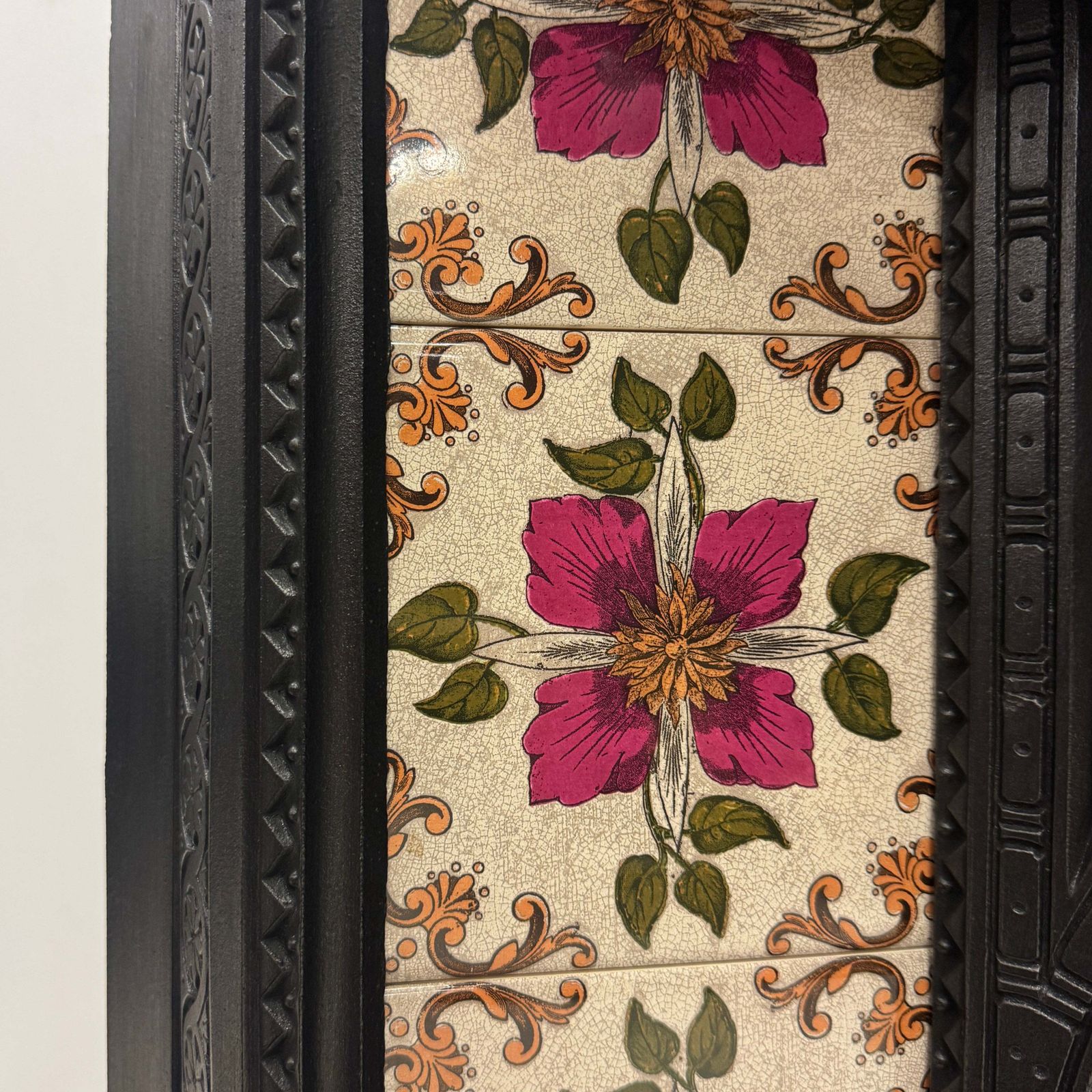 Victorian Cast Iron Tiled Fireplace Insert With Floral Panels photo for sale