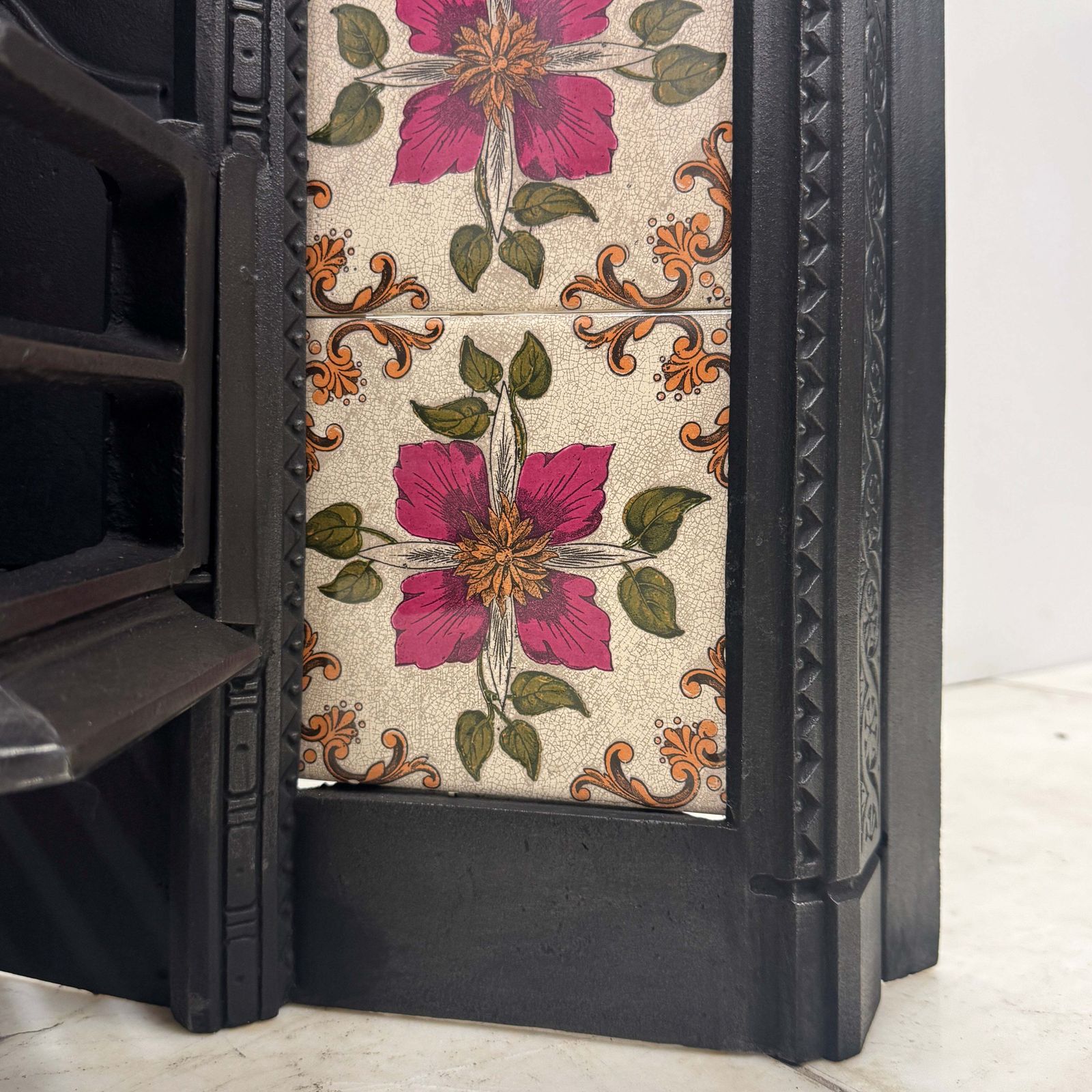 Victorian Cast Iron Tiled Fireplace Insert With Floral Panels photo vinterior