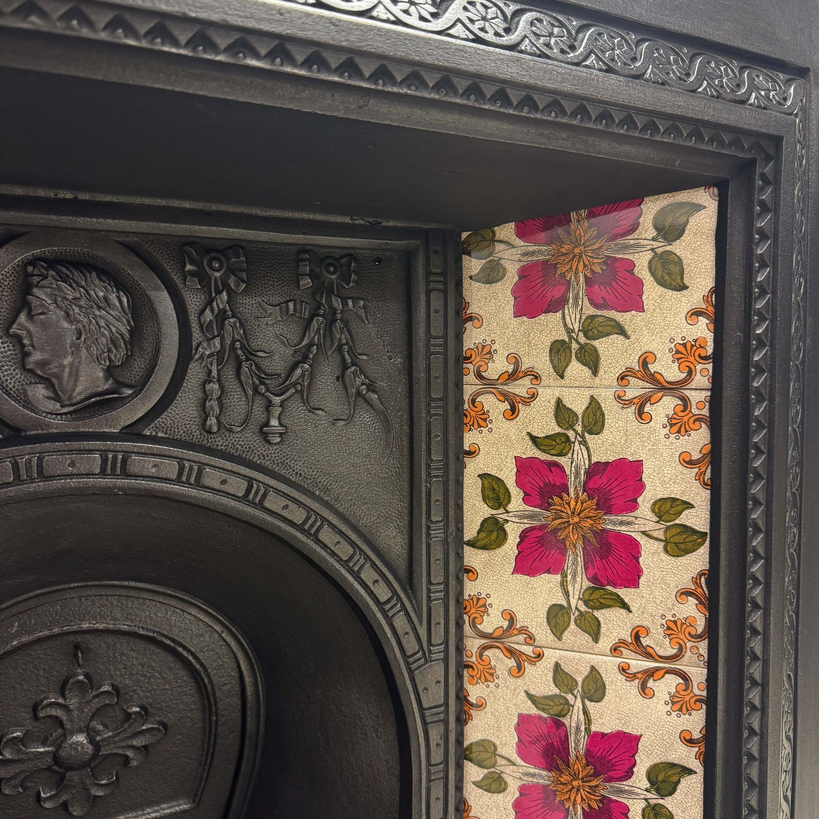 Victorian Cast Iron Tiled Fireplace Insert With Floral Panels photo vintage