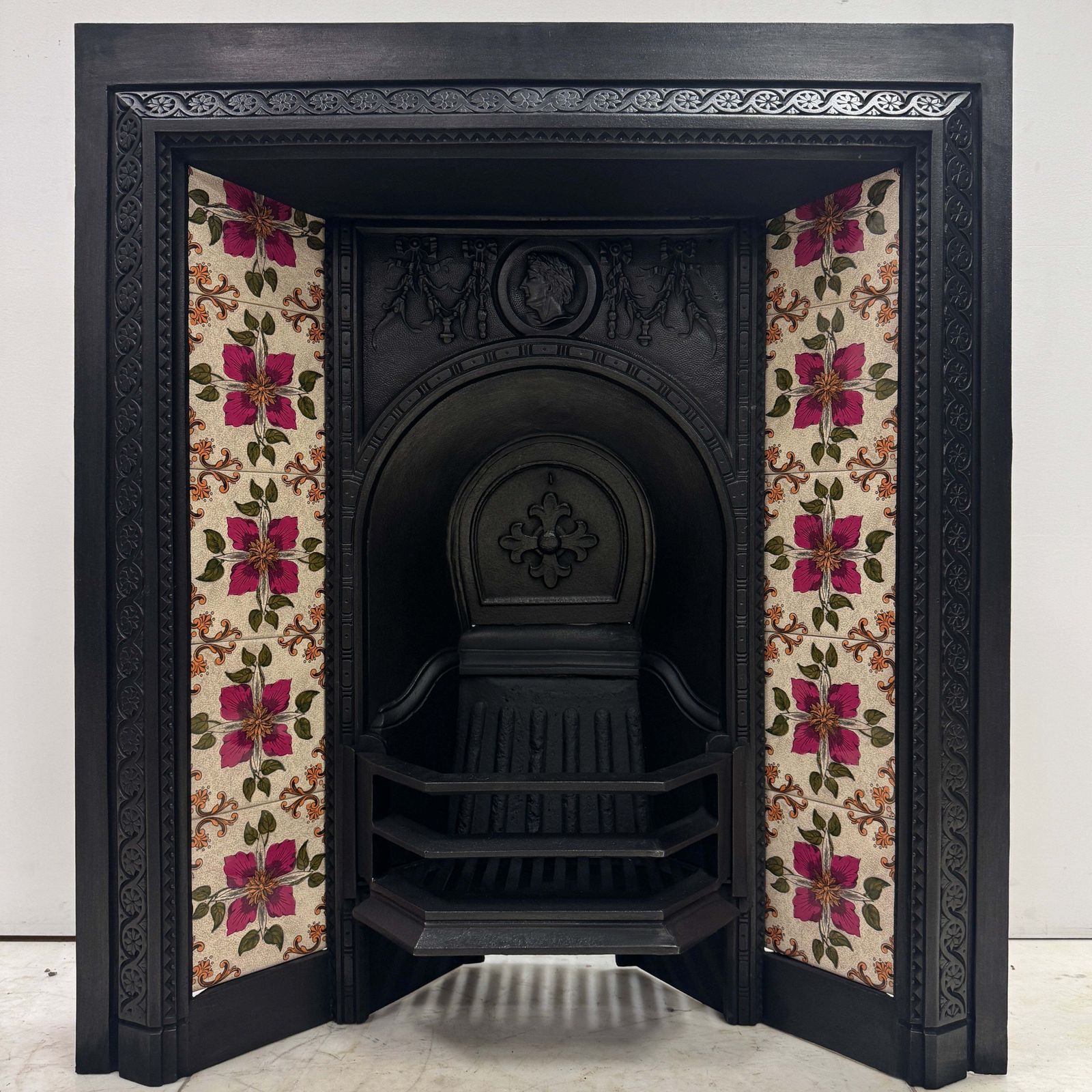 Home Fixtures Victorian Cast Iron Tiled Fireplace Insert With Floral Panels photo