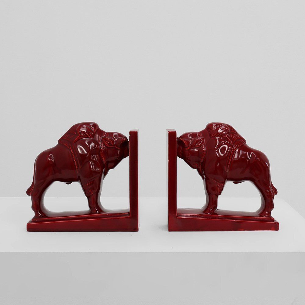 Art Deco Red Glazed Ceramic Bison Ox Bookends, Belgium, 1920s, Set Of 2 photo vinterior