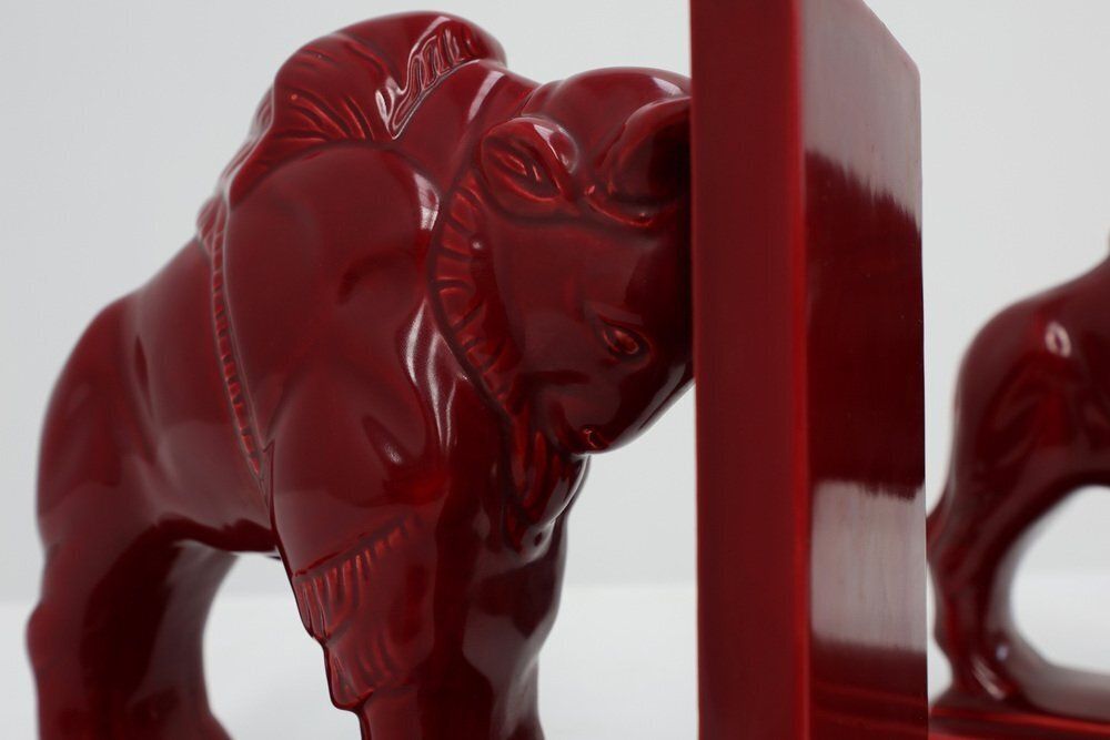 Art Deco Red Glazed Ceramic Bison Ox Bookends, Belgium, 1920s, Set Of 2 photo vintage