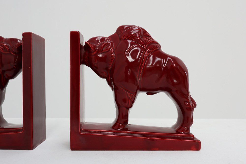 photo for sale Art Deco Red Glazed Ceramic Bison Ox Bookends, Belgium, 1920s, Set Of 2