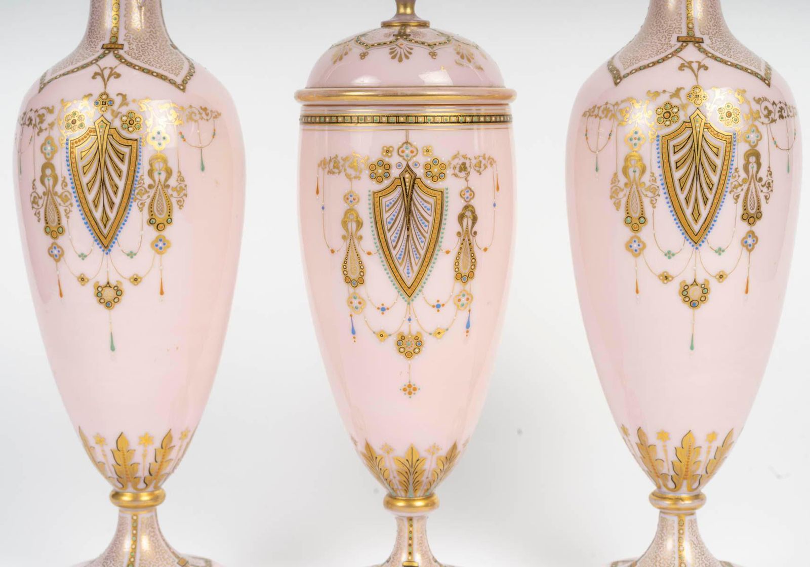 Mantel Set, Vases, Pink Opaline, Napoleon III Period, 19th Century. photo furniture
