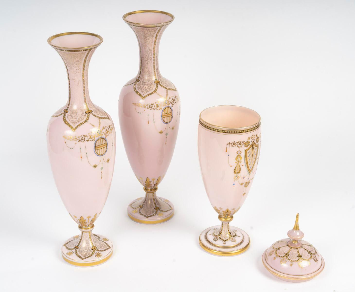 Mantel Set, Vases, Pink Opaline, Napoleon III Period, 19th Century. photo buy