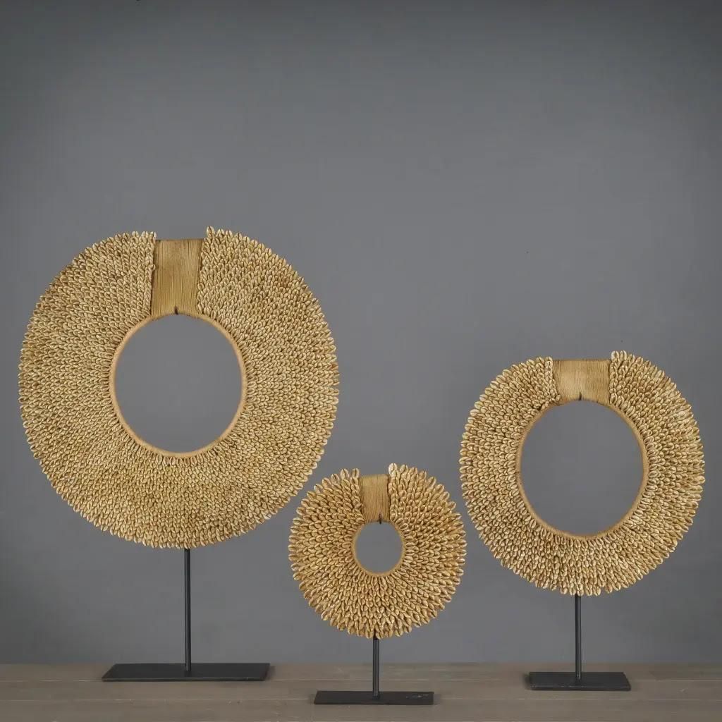 Set Of 3 Ethnic Shell Necklaces With Golden Finish On Metal Stands – Tribal Art photo furniture