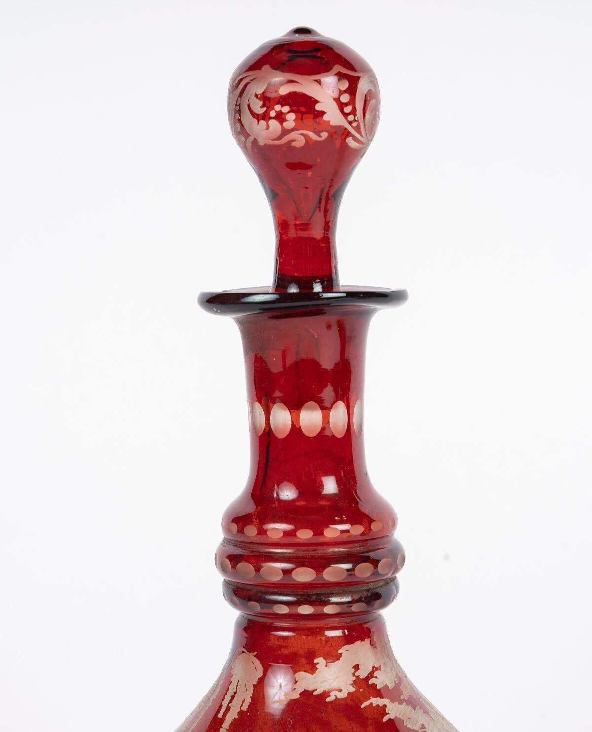 Engraved Bohemian Crystal Oil And Vinegar Set, A Small Salt Shaker, Napoleon III photo for sale