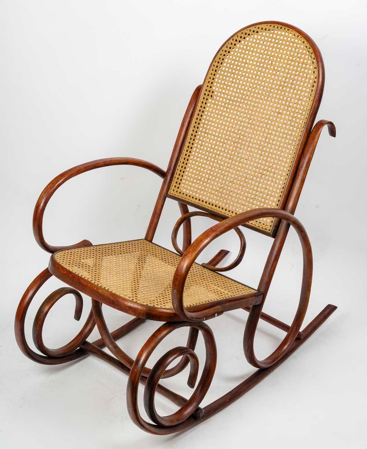 Rocking Chair In Turned Wood, Canework, Early 20th Century. photo furniture