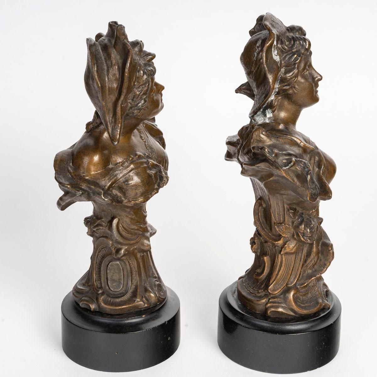 Pair Of Sculptures In Regule, Wooden Base, Art Nouveau, 1900. photo furniture