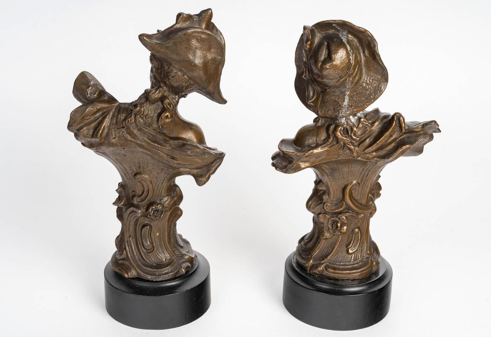 Pair Of Sculptures In Regule, Wooden Base, Art Nouveau, 1900. photo for sale
