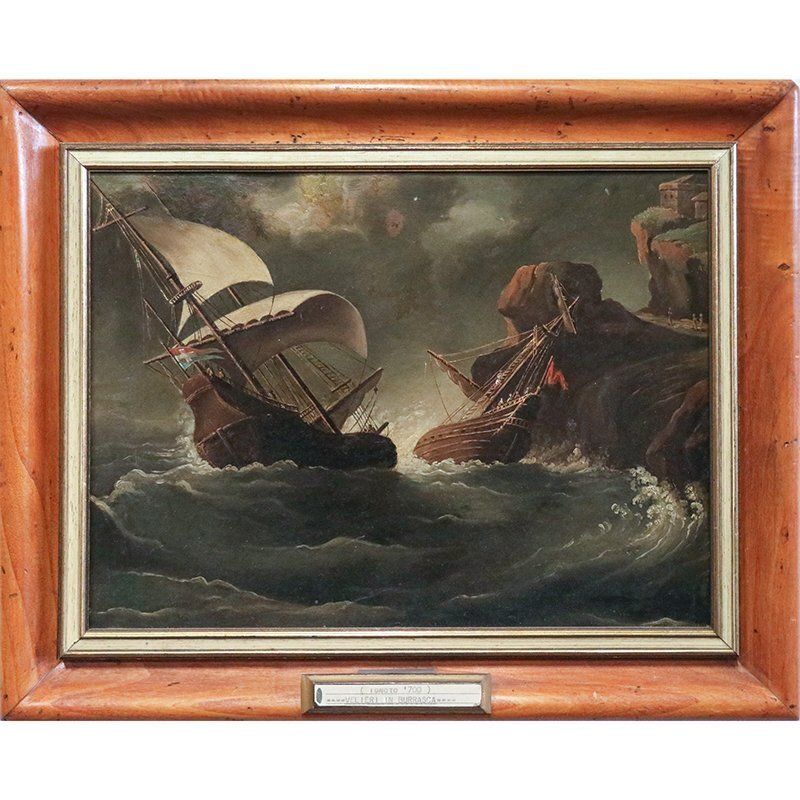 Sailing Ships In A Gale, 1700s, Oil On Cardboard, Framed