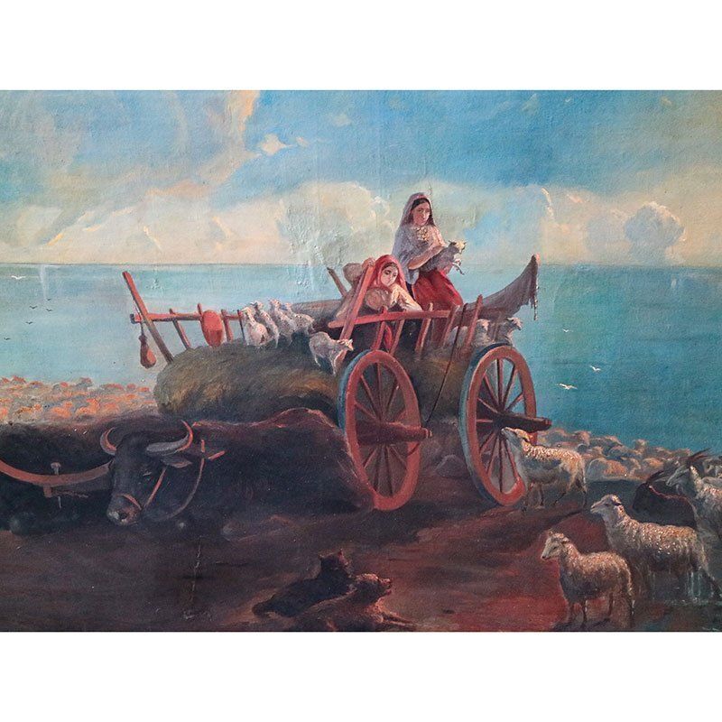 Italian Artist, Sunset With Animals And Characters, 1800s, Oil On Canvas, Framed photo Art
