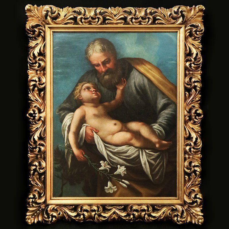 Giuseppe Nuvolone, St. Joseph With The Baby Jesus In His Arms, 1800s, Oil On Canvas, Framed photo furniture