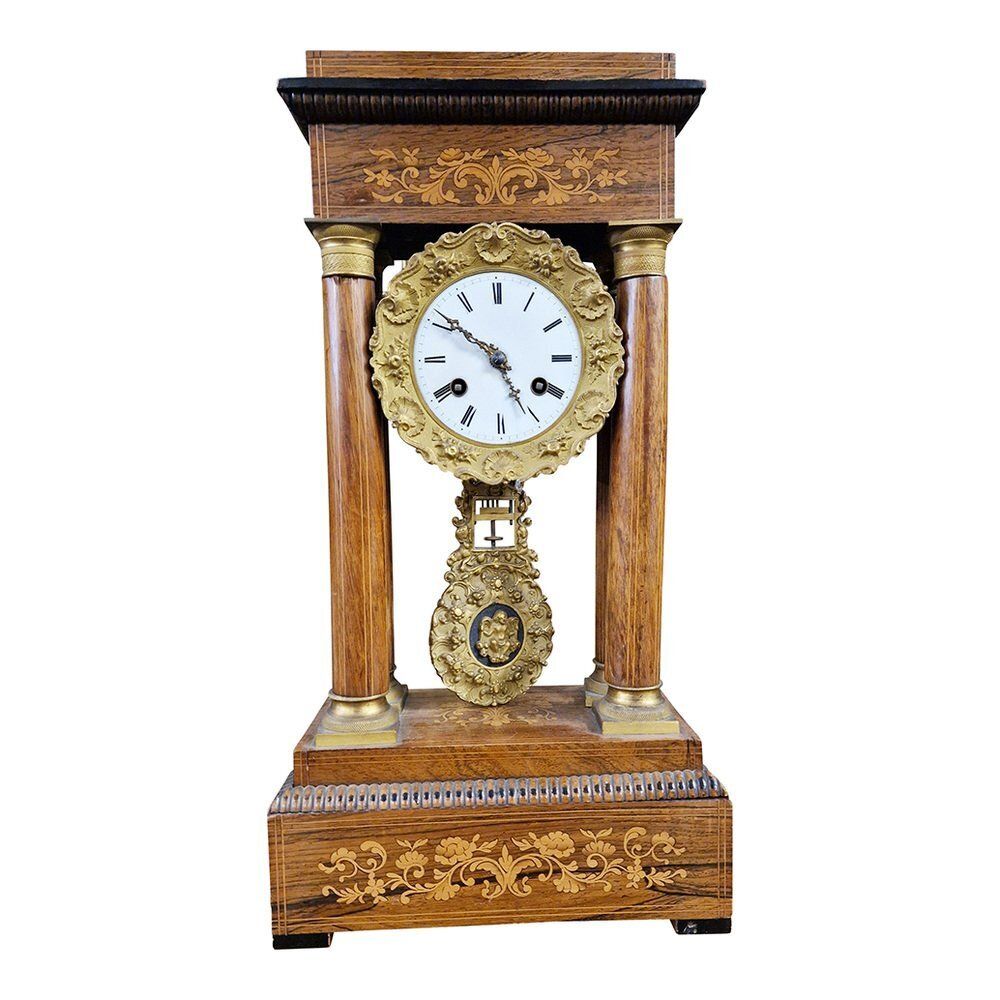 Empire Inlaid Walnut Portal Clock, France, 1850s photo furniture