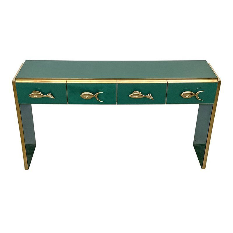 Green Glass Console With Four Drawers, 1980s