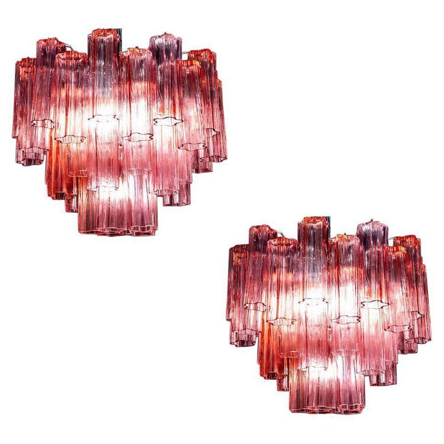 Red Coral Murano Glass Tronchi Chandeliers, 1970, Set Of 2