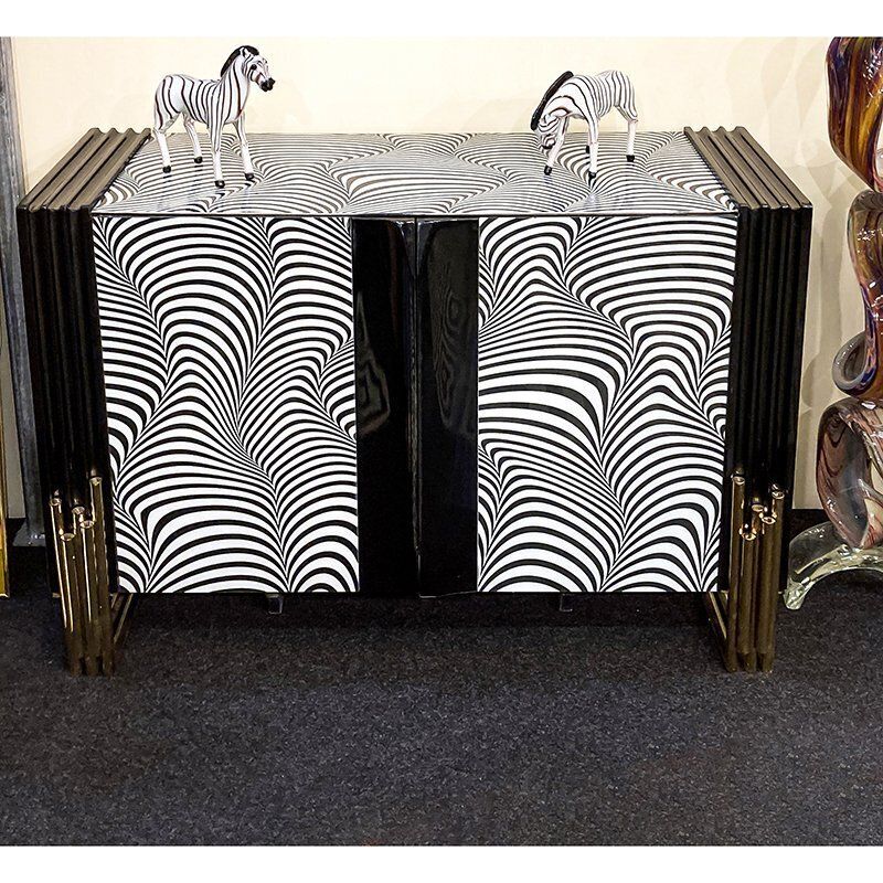 2 Door Sideboard In Black And White Waves Printed Glass, 1980s