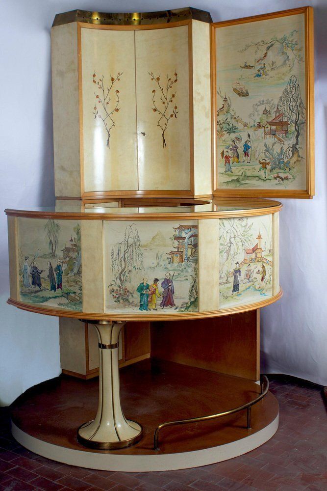 Mid Century Italian Chinoiserie Cocktail Bar And Stools Attributed To Osvaldo Borsani, 1970s, Set Of 3 photo furniture