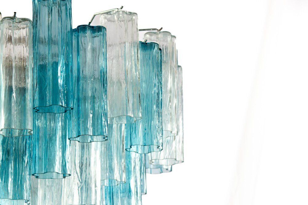 Mid Century Blue And Clear Murano Glass Tronchi Chandelier, 1970s photo vintage