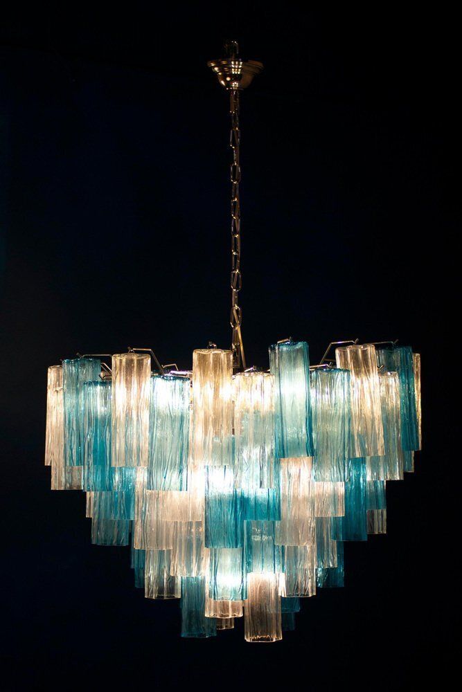 photo furniture Mid Century Blue And Clear Murano Glass Tronchi Chandelier, 1970s