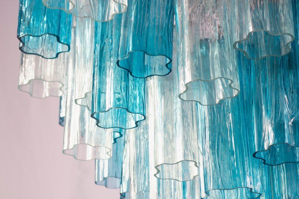 photo vinterior Mid Century Blue And Clear Murano Glass Tronchi Chandelier, 1970s