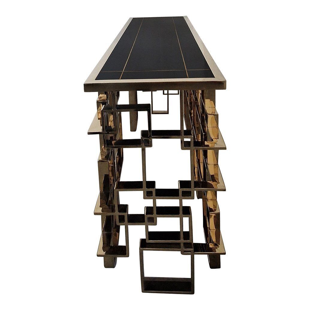 Double Sided Console In Chrome And Gilt Steel With Black Murano Glass Top, 1990s photo 5252.0