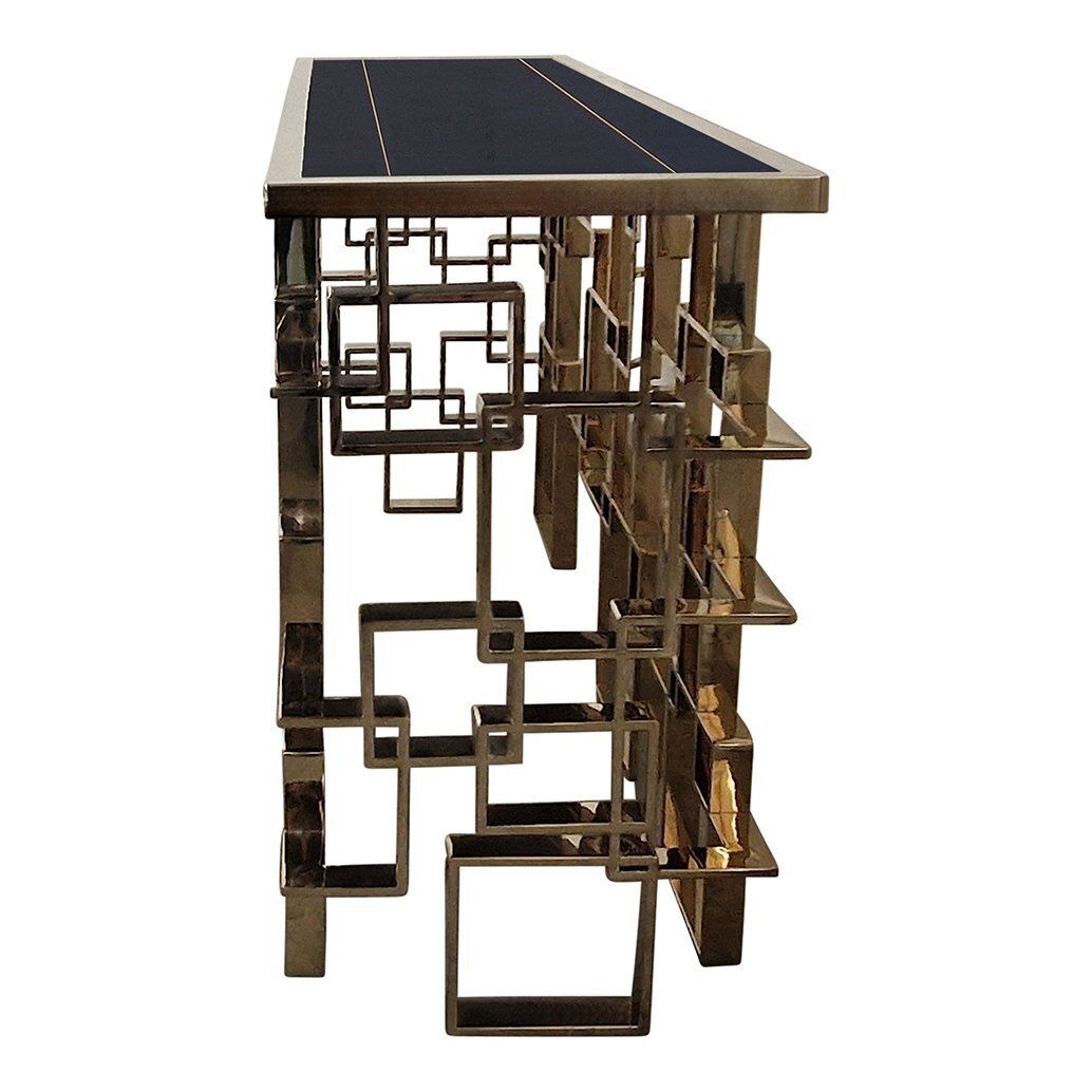 Double Sided Console In Chrome And Gilt Steel With Black Murano Glass Top, 1990s photo vinterior