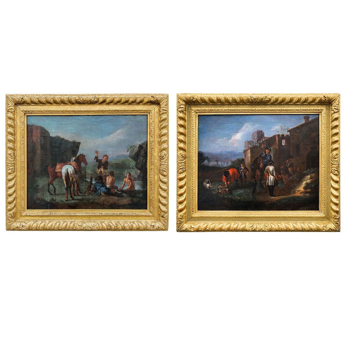 Philips Wouwerman, Knights In Front Of A Coaching Inn And Knights And Bathers At A Stream, 1600s, Oil On Canvases, Set Of 2