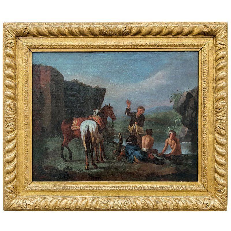 Philips Wouwerman, Knights In Front Of A Coaching Inn And Knights And Bathers At A Stream, 1600s, Oil On Canvases, Set Of 2 photo for sale